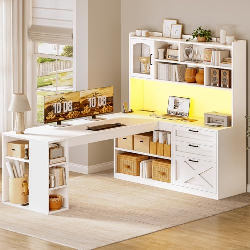 SEDETA Farmhouse 61” L Shaped Office Desk with Drawers, Storage Shelves - color: White, size: 61 inches