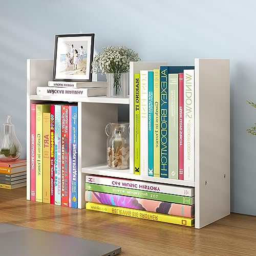 JLD Wood Adjustable 5-Shelf Desktop Bookshelf, Expandable Office Storage Rack, White
