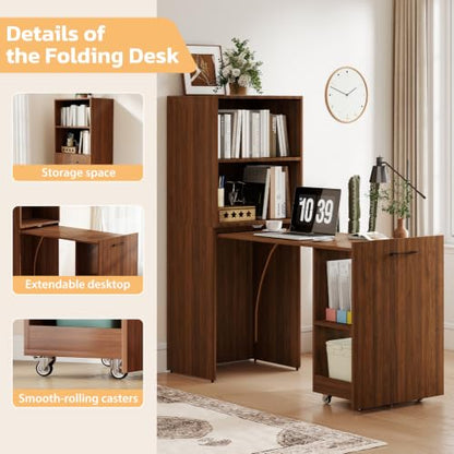 Zevemomo Folding Desk, Convertible Table with Shelves & Wheels - Walnut | Folding Desk with Storage, Craft Cabinet with Fold Out Table, Compact Computer Desk for Small Space, Reversible L Shaped Desk - color: Walnut