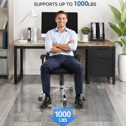 46 x 55 Inch Glass Chair Mat, 1/5 Inch Thick Tempered Glass Office Chair Mat for Carpet and Hardwood Floors, Heavy Duty Clear Floor Protector with Polished Edges and 8 Non-Slip Pads - size: 55" x 46"