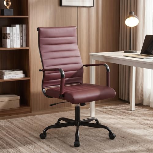 Office Desk Chair Leather, Conference Room Chairs with Wheels, Modern Executive Computer Guest Chairs with Arms. - color: Burgundy