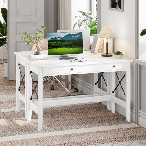 JSB 43.3 Inch White Computer Desk with 2 Drawers for Home Office Bedroom - color: White, size: 43.3 inch