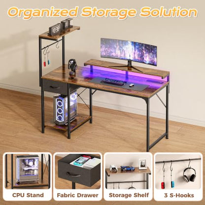 PRAISUN 47.2 Inch Gaming Desk with LED Lights & Power Outlets - color: Rustic Brown, size: 47.2 Inch
