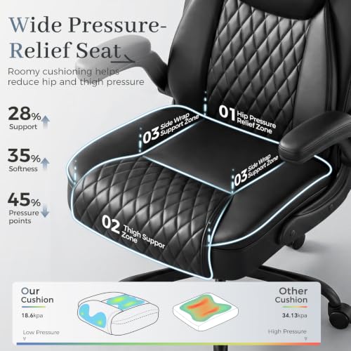 GTPOFFICE Executive Office Chair with Comfortable Lumbar Support, Ergonomic Gaming Chair with Flip-up Armrests & Zoned Pressure-Relief Cushion, Comfy PU Leather Desk Chair, Black - color: Black
