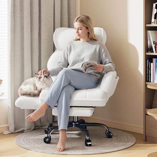DurayLoly Big and Tall Office Chair with Footrest & Adjustable Armrests | 145° Reclining Backrest, Soft Teddy Fleece, Height Adjustable & 360° Swivel for Home Office, Bedroom, White - color: White