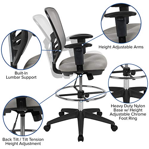 EMMA + OLIVER Mid-Back Black Mesh Drafting Chair | Black Frame, Ergonomic, Height Adjustable, 360° Swivel - color: Light Gray Mesh/Black Frame
