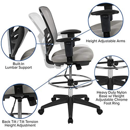 EMMA + OLIVER Mid-Back Black Mesh Drafting Chair | Black Frame, Ergonomic, Height Adjustable, 360° Swivel - color: Light Gray Mesh/Black Frame