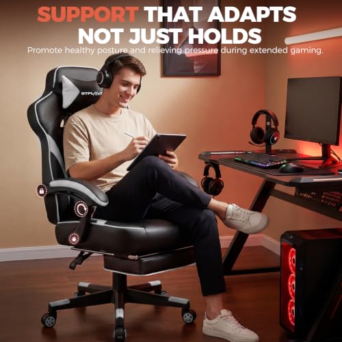 GTPLAYER Gaming Chair with Footrest, 350LBS Big and Tall Office Chair, Ergonomic High Back Lumbar Support and Recliner for Back Pain Relief, White - color: White