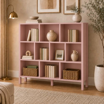 KIGOTY 10 Cube Modern Bookcase, 3-Tier Open Storage Organizer, Freestanding Bookshelf with Legs, Narrow Bookcase for Living Room, Bedroom & Office (Pink) - color: Pink