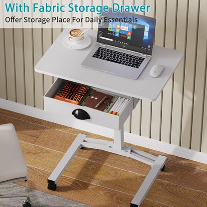 Rolling Adjustable Height Computer Desk With Drawers, Small Mobile Laptop Desk Cart On Wheels For Small Spaces Home Office, Portable Sitting Laptop Table For Bed Couch Load Up To 60LBS, Sturdy, White - color: White