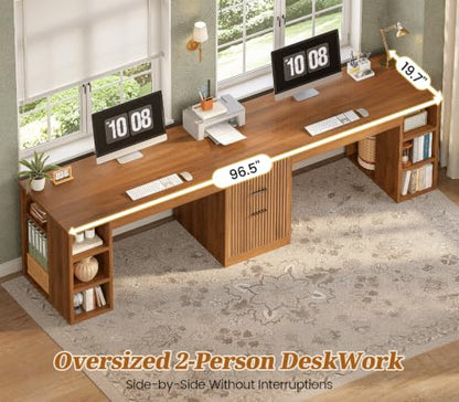 SEDETA Fluted 96.5" Computer Desk with Drawers, 2 Person Home Office Desk, Gaming Double Desk with Storage Shelves, Long Two Person Writing Desk, Brown - color: Fluted Brown