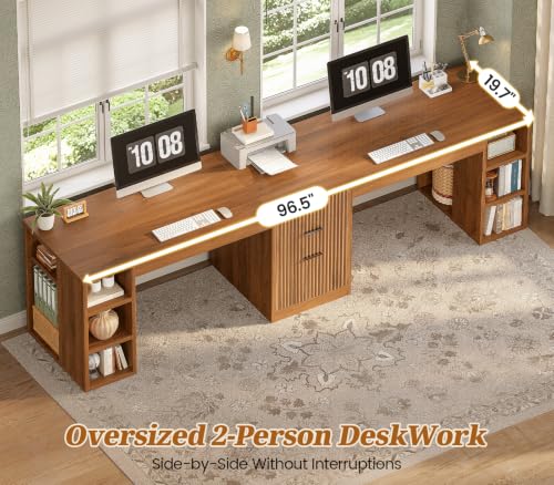 SEDETA Fluted 96.5" 2 Person Computer Desk with Storage Drawers - color: Fluted Brown