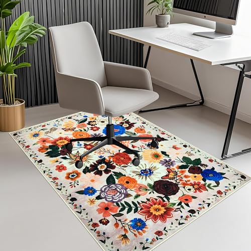 Office Chair Mat for Hardwood/Tile Floor, 36"x48"Desk Chair Mat for Rolling, Non Slip Under TPR Backing Low-Pile Rug(Beige Colored Flower) - color: Beige Colored Flower