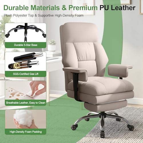 Office Chair Comfortable Executive Desk Chair with Foot Rest, Adjustable Height Home Computer Chair High Back Gaming Chair Leather Swivel Rolling Work Chairs, Beige - color: Beige