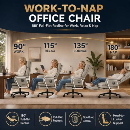 180° Reclining Office Chair with Footrest, PU Leather Desk Chair with 4-Position Backrest and Thick Cushion, Executive Computer Chair for Home Office, Work and Study,Gray - color: Grey