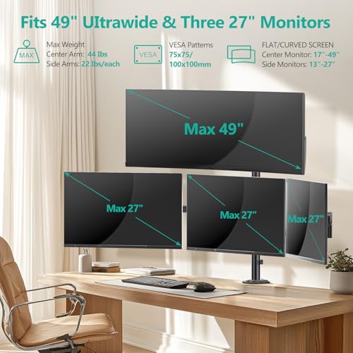 WALI Stacked 4 Monitor Mount for 49" UItrawides and Three 27" Monitors | Tall Quad Monitor Stand up to 44 lbs，Full Motion with Tilt, Swivel, C-Clamp & Grommet Base, VESA 75/100mm (M004S-P), Black - size: 13"-49", style: Quad