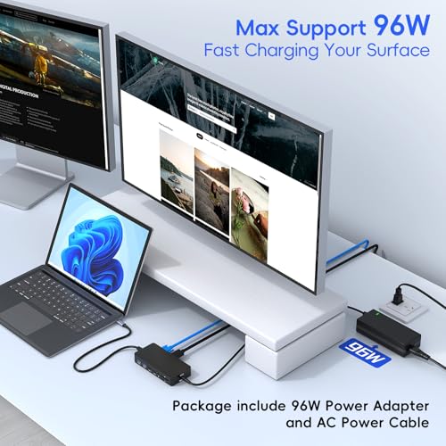 New Surface Thunderbolt 4 Dock Triple Displays 4K HDMI*2+VGA, 12 in 1 Surface Pro Docking Station with Power Adapter for Surface Pro 11/10/9/8/X/7/6/5/4/3, Surface Laptop, Surface Book Go