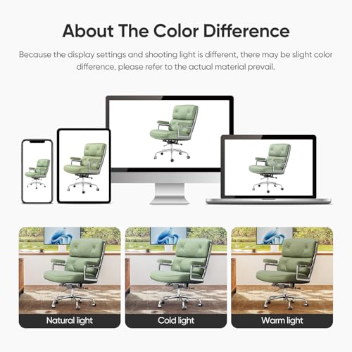 Genuine Leather Office Chair, Mid Back Executive Desk Chairs with Aluminum Arms and Wheels, Swivel Office Leather Chair with Thickened Backrest and Ergonomic Lumbar Support, Light Green - color: Light Green