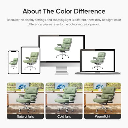 Genuine Leather Office Chair, Mid Back Executive Desk Chairs with Aluminum Arms and Wheels, Swivel Office Leather Chair with Thickened Backrest and Ergonomic Lumbar Support, Light Green - color: Light Green