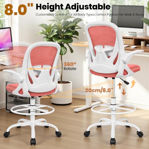 Drafting Chair Tall Office Chair with Flip-up Armrests Executive Ergonomic Computer Standing Desk Chair with Lumbar Support and Adjustable Footrest Ring (Grapefruit Pink - color: Grapefruit Pink, size: 934-Z