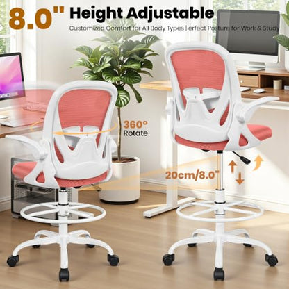 Drafting Chair Tall Office Chair with Flip-up Armrests Executive Ergonomic Computer Standing Desk Chair with Lumbar Support and Adjustable Footrest Ring (Grapefruit Pink - color: Grapefruit Pink, size: 934-Z