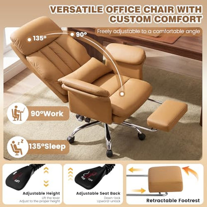 Executive Leather Office Chair with Footrest - High Back Ergonomic Desk Chair, Comfortable Lumbar Support, Soft Armrests, Adjustable Height Rocking Swivel Task Chair, Brown - color: Brown