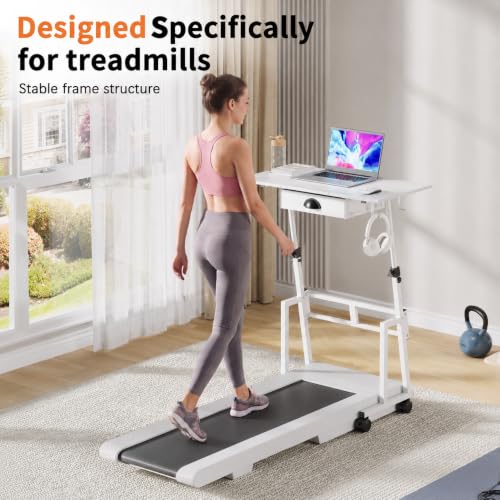 Honkazita Height Adjustable Standing Desk with Storage Drawer, White | Rolling Desk for Treadmill Walking Pad, Small Sit-Stand Desk with Lockable Wheels, Height Range 31.5"-43.3", Stable Design - color: White