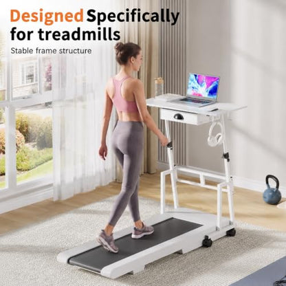 Honkazita Height Adjustable Standing Desk with Storage Drawer, White | Rolling Desk for Treadmill Walking Pad, Small Sit-Stand Desk with Lockable Wheels, Height Range 31.5"-43.3", Stable Design - color: White