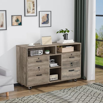 VINGLI Wide 4 Drawer File Cabinet with Lock, Rustic Grey Rolling File Cabinet with Open Shelves, Lockable Printer Stand, Letter Sized - color: Rustic Grey