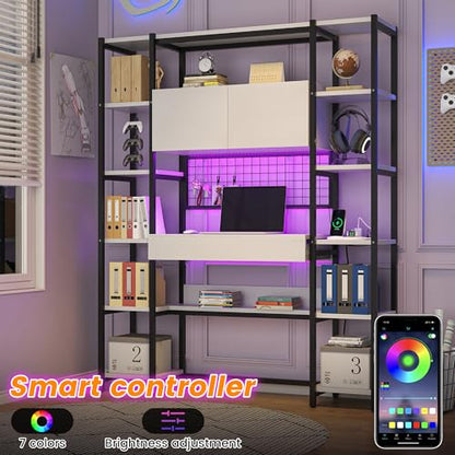 Triple Width 5 Tier Bookshelf with Sorage Cabinet,70.87"large Bookshelf with 12 Open Display Shelves,Industrial Bookshelf LED Lighting and Power Outlet.Suitable for Office Bedroom, Black+White - color: Black+white