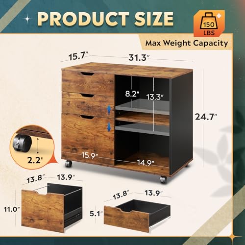 DEVAISE 3-Drawer Wood File Cabinet, Mobile Lateral Filing Cabinet, Printer Stand with Open Storage Shelves for Home Office, Rustic Brown | Mobile Printer Stand, Open Storage Shelves, Letter & A4 Compatible, Wood, Home Office - color: Rustic Brown