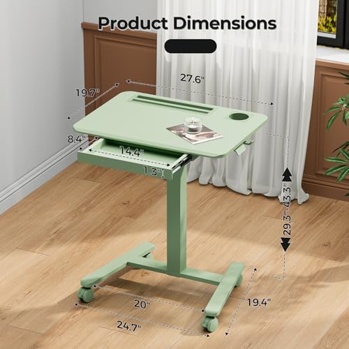 28" Mobile Standing Desk with Drawer, Portable Laptop Desk | Rolling Desk with Cup Holder and Hooks, Height Adjustable Computer Cart with Storage, Lockable & Hidden Wheels, Sage Green - color: Green, size: 28"