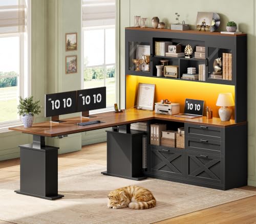 SEDETA 69" L Shaped Gaming Standing Desk with 4 Drawers, Storage Bookshelf - color: Black, size: 68.9" Standing Desk with Bookshelf
