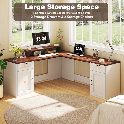HUAHUU 78" Farmhouse L Shaped Executive Desk with Drawers, Modern Computer Desk with Power Outlets, Office Writing Desk with Monitor Stand & Storage Cabinet, Printer Shelf, Antique White - color: Walnut and White