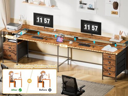 Furologee 95'' Two Person Computer Desk with 6 Drawers, LED, Rustic Brown - color: Rustic Brown