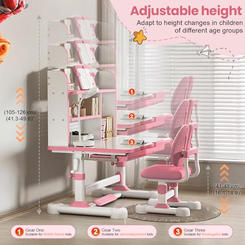 Kid Study Desk and Chair Set 3-12 Height Adjustable Ergonomic Desk | School Art Desk, 50° Tiltable Desktop, Easy-Turn Crank, Storage Drawer & Built-in Bookstand for Children Boys & Girls - color: 013-pink-31.5in