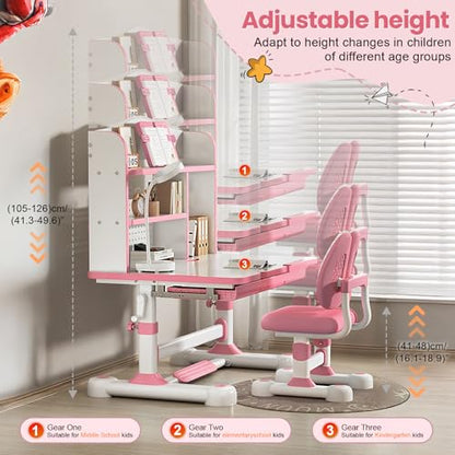 Kid Study Desk and Chair Set 3-12 Height Adjustable Ergonomic Desk | School Art Desk, 50° Tiltable Desktop, Easy-Turn Crank, Storage Drawer & Built-in Bookstand for Children Boys & Girls - color: 013-pink-31.5in
