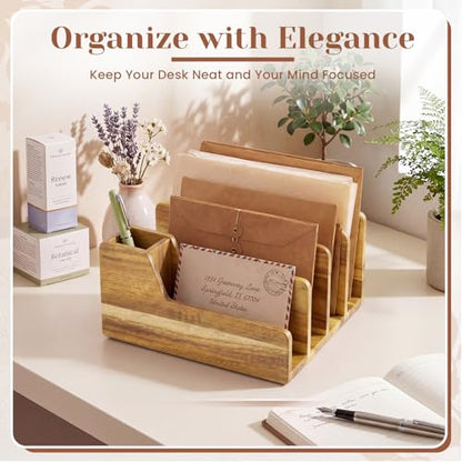 Novabright Acacia Wood Mail Organizer with Pen Holder, 5 Slot Desk File Organizer, Wooden Letter Sorter for Desk, Compact Desktop Document Holder for Home Office Storage Back to School