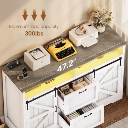 SEDETA 47.2" File Cabinet, 2 Drawers Filing Cabinets for Home Office fit Legal/Letter/A4 File, Farmhouse File Cabinet with Barn Door & Power Outlet, Printer Stand with Storage & LED Light, White+Grey - color: White+grey