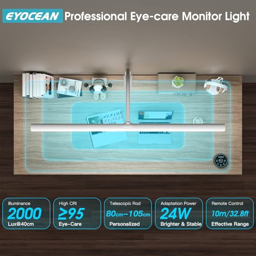 EYOCEAN Desk Lamp, 31.5" Desk Light for Home Office, Brightest 24W, Gesture Sensor & Remote Control, Dimmable & Color Temperature, Monitor Light Bar with Telescopic Rod, Height Adjustable