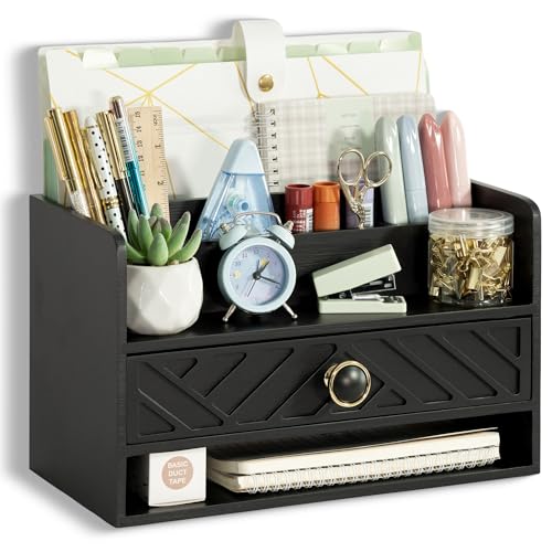 dreampossible Black Wood Desk Organizer and Accessories with Drawer, Bill Mail Organizer and File Mail Holder for Office Supplies, Desk Accessories & Workspace Organizers for Desk Organization - color: Black