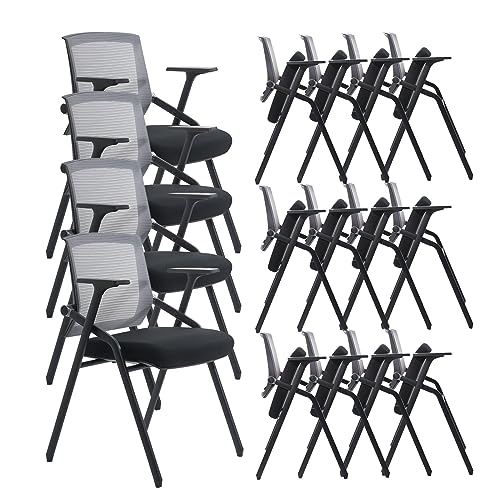 16 Pack Conference Room Chairs, Folding Office Desk Chair with Lumbar Support and Sliding Armrest, Stackable Office Guest Chairs & Reception Chairs - color: Grey, size: 16 Pack