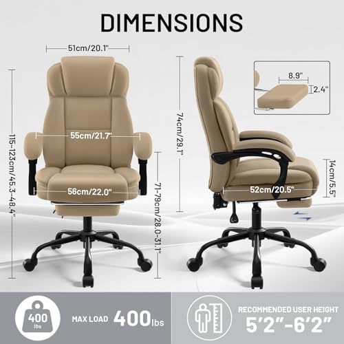 Ergonomic Office Chair with Footrest,PU Leather Executive Desk Chair Padded Linkage Armrests,Lumbar Support,Swivel Computer Chair for Home Office & Gaming,Khaki - color: Khaki