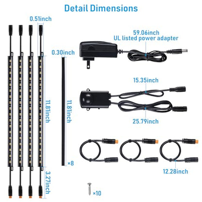 TORCHSTAR 4pcs 12 Inch LED Safe Lighting Kit, Motion Sensor, 3CCT | UL Power Adapter, Input 100-240V, Linkable Gun Safe Light Bars, 600LM, for Under Cabinet Locker Closet, 3000K/4000K/5000K - color: 3CCT