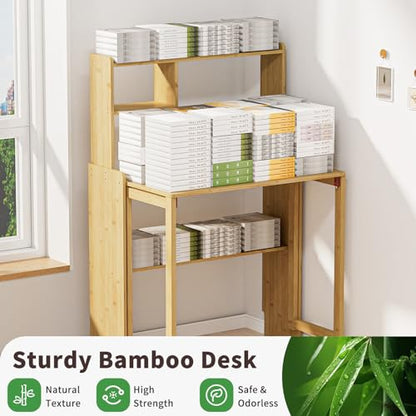 Folding Desk for Small Spaces, Bamboo Foldable Desk with Bookshelf, Natural - color: Natural, size: 47.24"H x 21.65"D x 32.28"W