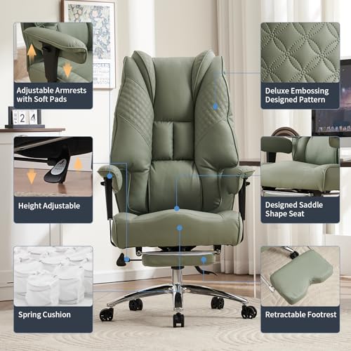 EXCEBET Big and Tall Office Chair 400lbs Wide Seat, Leather High Back Executive Office Chair with Foot Rest, Ergonomic Chairs Lumbar Support for Lower Back Pain Relief (Light Green) - color: Light Green