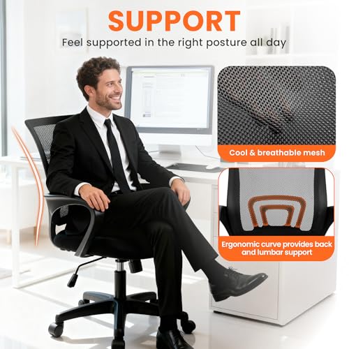 NEO CHAIR Office Computer Chair Ergonomic Mid-Back Mesh Desk Chair, Black | Breathable Mesh Back with Lumbar Support, Height Adjustment, Smooth Rolling Casters for Home Office, Study or Gaming Setup - color: All Black