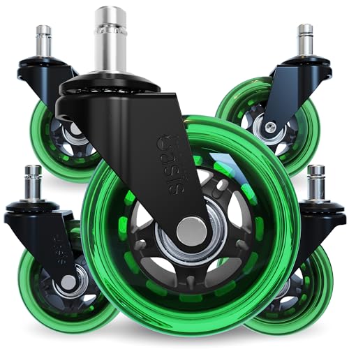 The Office Oasis Original Roller Style Office Chair Wheels (As Seen On PBS) - Smooth & Quiet Casters - Safe for Hardwood Floors & Carpet - Easy Install with Universal Fit - Set of 5 - Green - color: Green