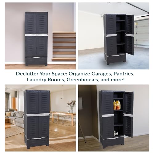 Sunnydaze 57" Garage Storage Cabinet with Locking Doors & Shelves, Shadow - color: Shadow, style: With Drawer - 57.5" H