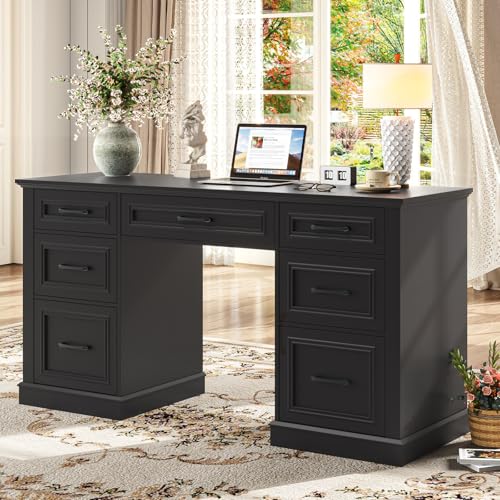Vabches Farmhouse 59'' Executive Desk with File Drawers, Black - color: Black, size: 59" W